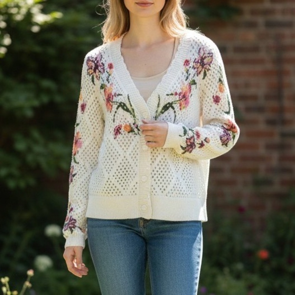 Alison Sheri Floral Knit Women's Cotton Cardigan Sweater Size S/P